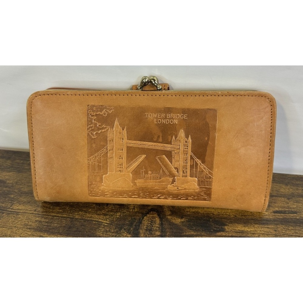 Vintage London Big Ben Tower Bridge Real Leather Kiss Lock Bifold Wallet England - Picture 4 of 16